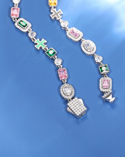 Bracelet Moissanite Cross & Gemstones Bracelet - White Gold