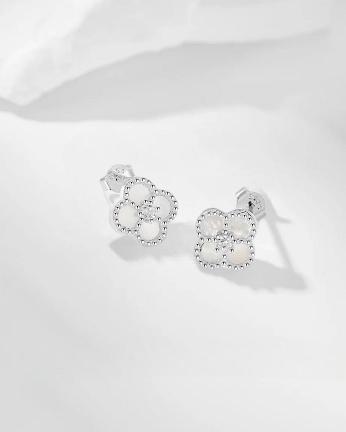 Earrings White Clover Emarald Studs 925 Silver - White Gold