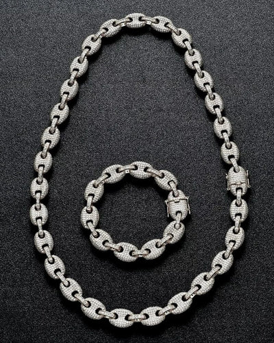 Set 12 MM Gucci Link Chain + Bracelet Set - White Gold