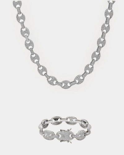 Set 12 MM Gucci Link Chain + Bracelet Set - White Gold